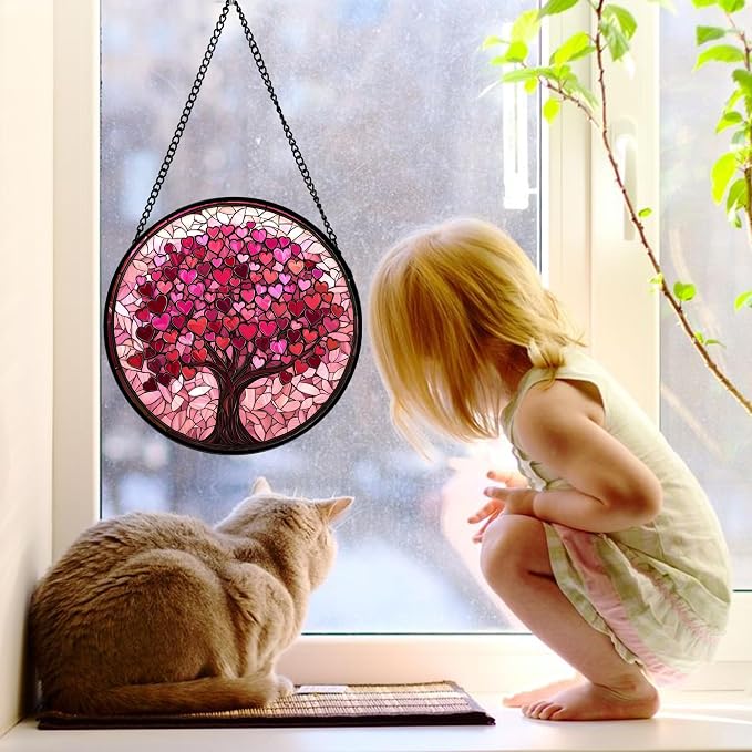 Stained Glass Window Hanging, Birthday Gifts for Women Mom Grandma Nana Wife Couple, Pink Love Tree Suncatcher for Doors Window Home Sun Catchers Gifts Decor 9.8 in