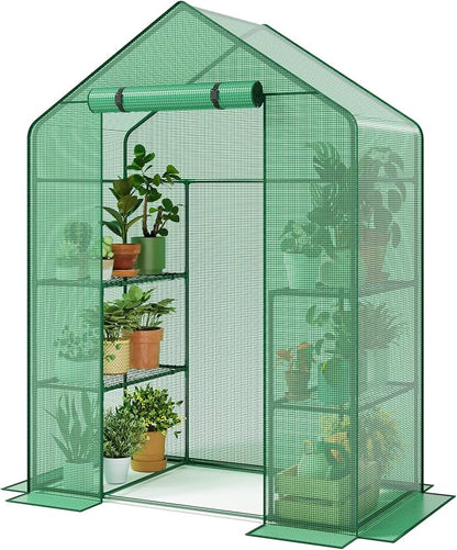 Superlele Walk-in Greenhouse for Outdoor, 56x29x77 Inch Portable Garden Green House with 6 Tiers (3 Tiers Each Side), Reinforced Green PE Mesh Cover, 4 Ground Stakes for Stability, Zippered Door