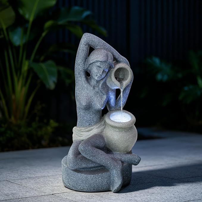 23.6" H Elegant Lady Water Fountain Outdoor, Garden Fountain with LED Light | Artistic Woman Holding Urn Waterfall Feature, Modern Art Fountain for Home, Garden, Patio, Living Room, Gift for Men & Women