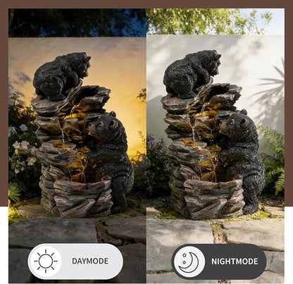 21" Outdoor Water Fountain with Lights, 4-Tiered Black Bear Family Cascading Water Fountain, Outdoor Garden Waterfall Decor for Garden, Patio, Courtyard