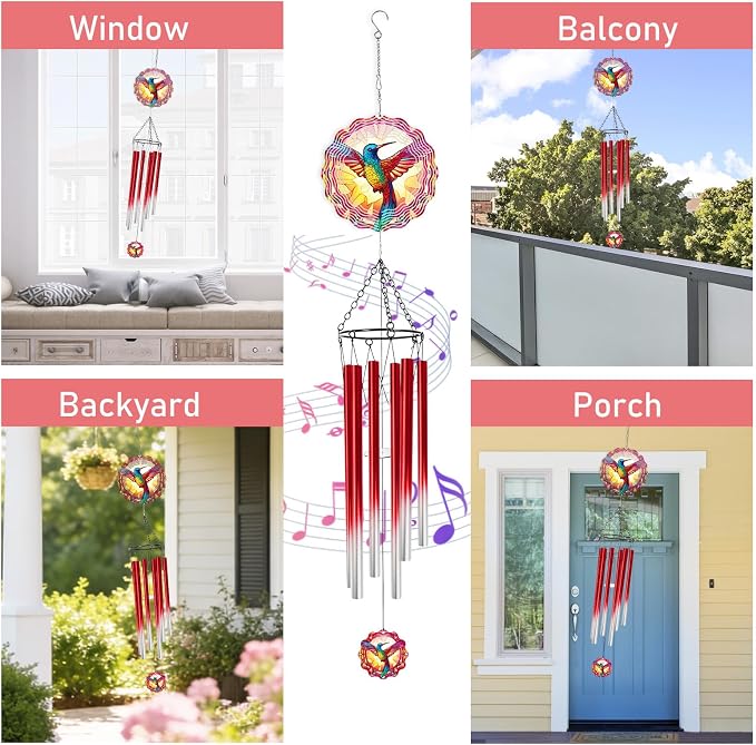 Hummingbird Wind Chimes for Outside with Wind Spinner, Summer Garden Patio Yard Porch Decor, Colorful Hummingbird Wind Chime with Gift Box, Birthday Housewarming Gifts for Women Mom
