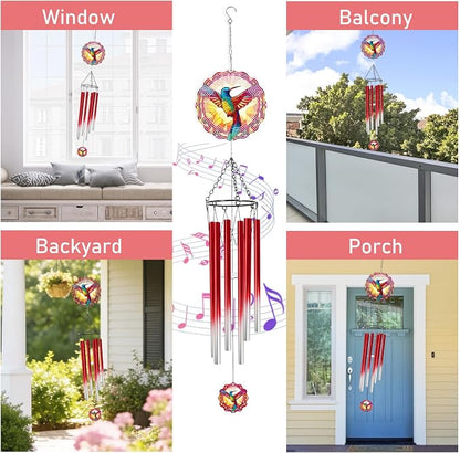 Hummingbird Wind Chimes for Outside with Wind Spinner, Summer Garden Patio Yard Porch Decor, Colorful Hummingbird Wind Chime with Gift Box, Birthday Housewarming Gifts for Women Mom