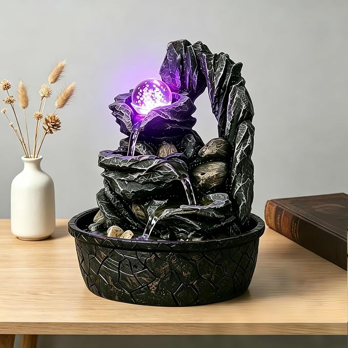 Three Bowls with Rotating Ball Flowing Tabletop Fountain Home Décor Indoor Decor Waterfall Sound Zen Mini Fountain Multicolor LED Light