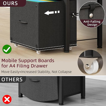 HIGDBFE 2-Drawer File Cabinet with Printer Stand & Dual Shelves, Black | 2-Tier Printer Storage, Letter File Drawer, Reversible Side Bag, Smooth Drawer Slides, Rolling Support Board