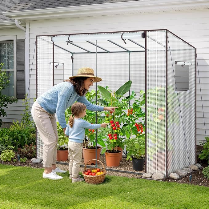 Ohuhu Tomato Greenhouse for Outdoors: Portable Lean to Green House Heavy Duty with Roll-Up Zippered Door, Tall Plastic Greenhouses for Outside Plants Growing Shed Tent for Backyard, 6.6x2.5x5.6 FT