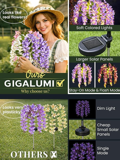 GIGALUMI Solar Lights Outdoor for Garden Decor, 6 Pack Solar Flower Lights Waterproof, 2 Lighting Modes Wisteria for Pathway,Yard, Patio Decoration, Gardening Gifts for Women (Multi-Colored)