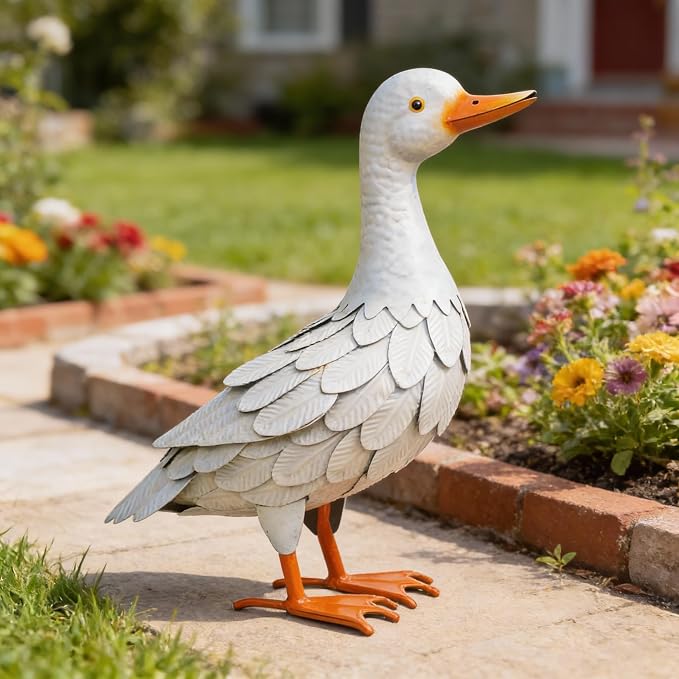 Shorayn Garden Statue Metal Duck Life-Size Mallard Indoor Outdoor Decor White Handmade