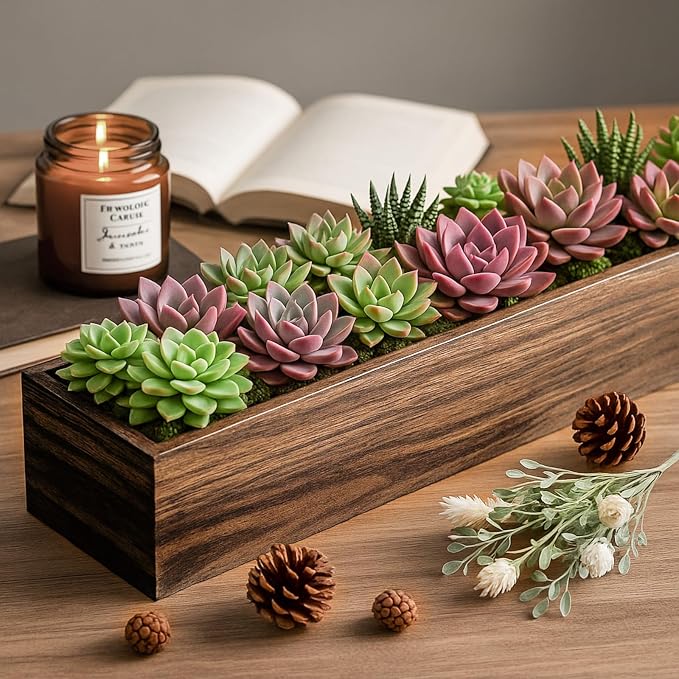 Dandat 6 Set Wood Boxes for Centerpieces 12x4 Inch Rectangle Wooden Planter Box Rustic Wood Planter with Removable Plastic Liner Floral Foam Blocks for Centerpieces Home Wedding Garden Decor