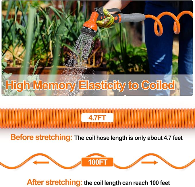 SPECILITE 3/8” Lightweight Coil Garden Hose 100 FT, EVA Retractable Curly Water Pipe with 6-Pattern Spray Nozzle for Boat, Greenhouse, Yard, Patio (Orange)