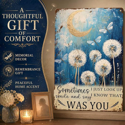 PEACHGARDEN Dragonfly Sign Dandelion Decor Wall Art - "I Know That Was You" Whimsical Home Decor, Vintage Memorial Metal Sign for Bedroom Living Room 8x12 Inch