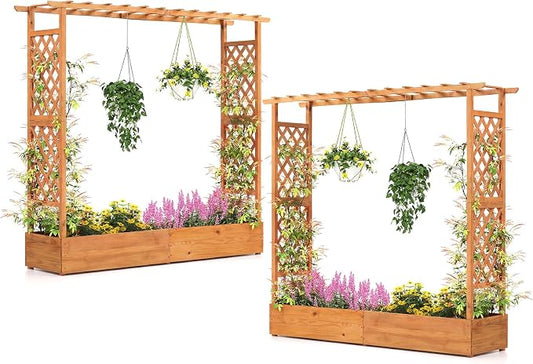 Giantex Set of 2 Raised Garden Bed with Trellis & Hanging Roof, Wood Planter Box with Bottom and Drainage Holes, Freestanding Garden Planter for Flower Vegetable Fruit Herb Climbing Vines, 77"x17"x70"