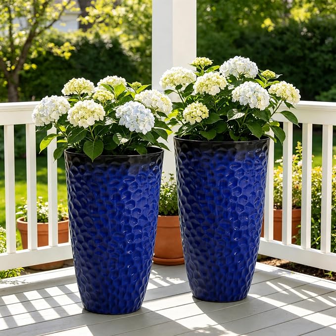 23.75" Cobalt Blue Plastic Tall Planters with Honeycomb Texture | Set of 2 PP tall planters with cobalt blue honeycomb texture, drainage plugs, and UV-treated finish for porch or patio