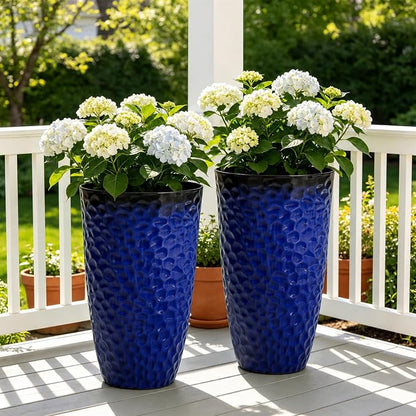 23.75" Cobalt Blue Plastic Tall Planters with Honeycomb Texture | Set of 2 PP tall planters with cobalt blue honeycomb texture, drainage plugs, and UV-treated finish for porch or patio