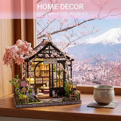 DIY Miniature House Kit, Fairy Dollhouse for Adults to Build, Mini Home Building Kit with Wooden Furniture & LED Lights,Garden Detials, Gift for Family and Friends (Spring Sakura Greenhouse)