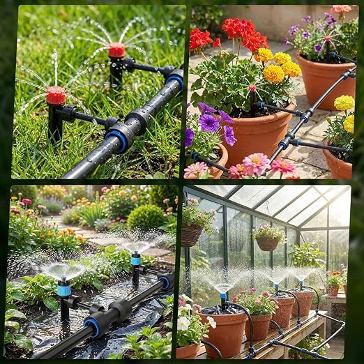 230FT Drip Irrigation Kit with 34 Emitters, 3 Spray Types, Push-Fit System | Extra long irrigation system with 3 adjustable water-saving misting nozzles for watering of large garden areas, leak-free