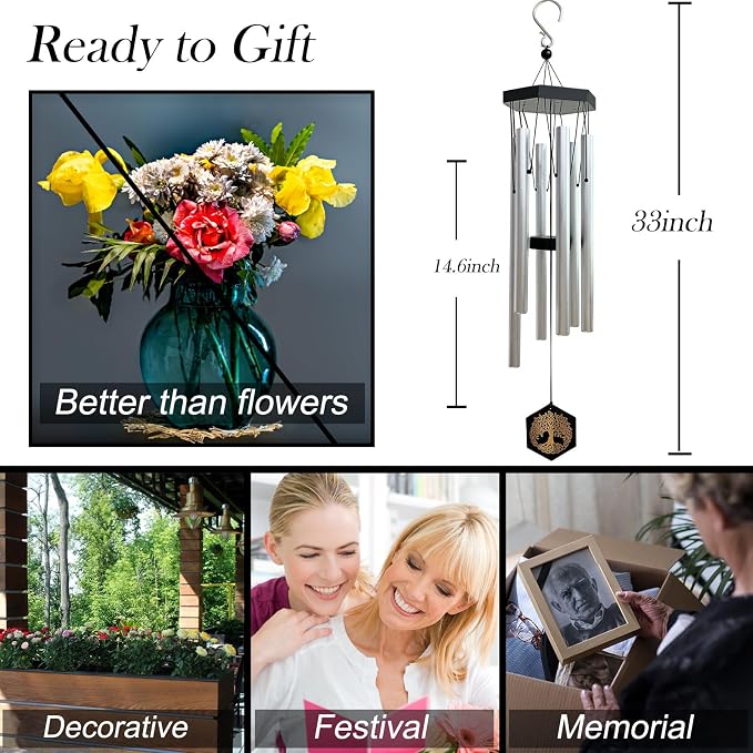 Wind Chimes for Outside, Sympathy Wind Chimes, Memorial Wind Chimes in Memory of Loved One, Sympathy Gift, Tree of Life Wind Chime Decor for Home Outdoor Garden Yard Patio 33" Silver