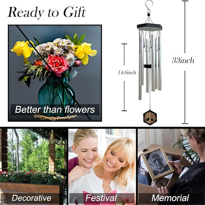 Wind Chimes for Outside, Sympathy Wind Chimes, Memorial Wind Chimes in Memory of Loved One, Sympathy Gift, Tree of Life Wind Chime Decor for Home Outdoor Garden Yard Patio 33" Silver