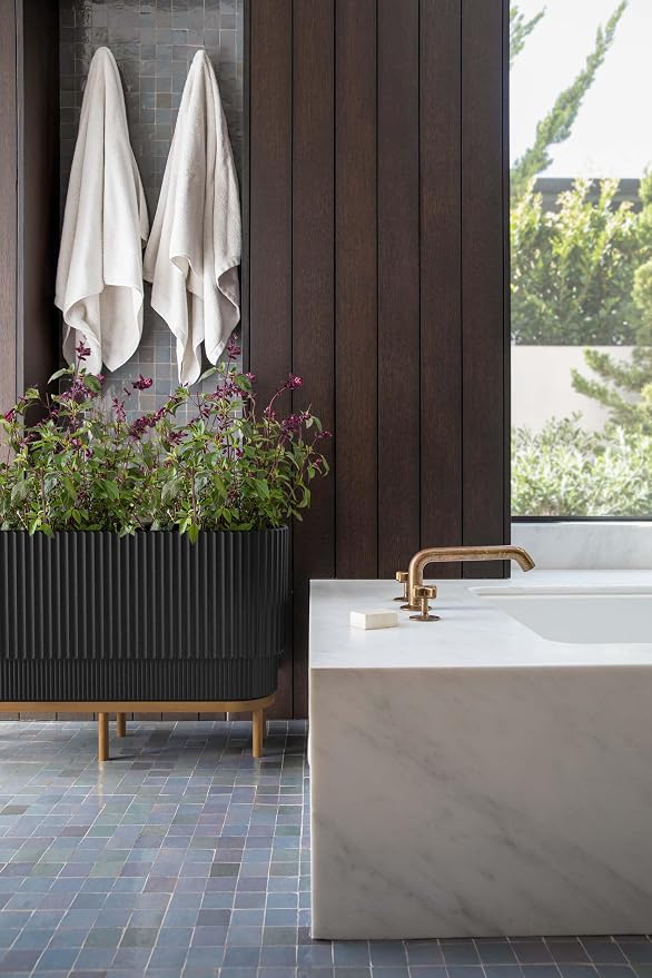 Veradek Demi Series Raised Long Planter for Indoor/Outdoor Use | Made from Plastic & Stone w/Wooden Stand | Modern Patio Décor for Flowers/Shrubs