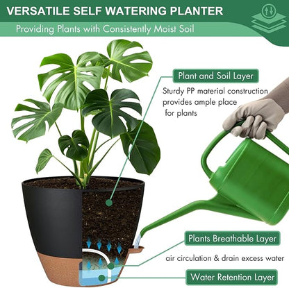 montresor 5-Pack Easy Plant Self Watering Pots for Indoor Plants, 10/9/8/7/6.5Inch PP Plastic Wicking Pots with Water Level Indicator & Plant Pots with Reservoir, Self Watering Planters, Black