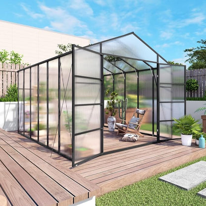 10x12 FT Greenhouse, Walk-in Heavy Duty Polycarbonate Outdoor Greenhouses with Raised Base & Anchor, Height-Enhanced Aluminum Frame & Drainage System for Backyard All Season Growing, Black