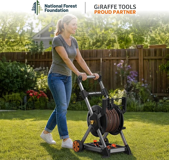 Giraffe Tools Garden Hose Reel Cart, 125FT 5/8" Hose Capacity, Heavy Duty Water Hose Reel with Wheels, 5ft Leader Hose, Retractable Hose Guide with Crank, for Yard Lawn Garage