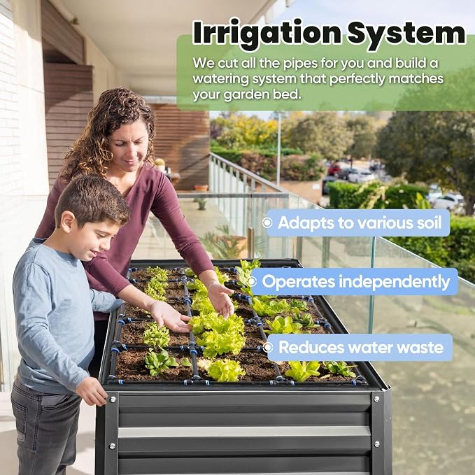 KING BIRD Raised Garden Bed with Irrigation System and Legs Galvanized Elevated Planter Box 48×24×31.5 in for Backyard, Patio, Balcony, 400lb Capacity, Dark Grey