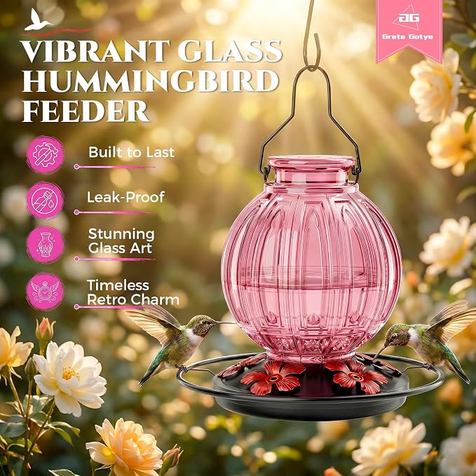 Glass Hummingbird Feeder for Outdoors Hanging, 26Oz Bird Nectar Feeder with Perch & 5 Flower Feeding Ports, Leak Proof for Outside Garden Decor Backyard, Gifts for Women Mom, Pink