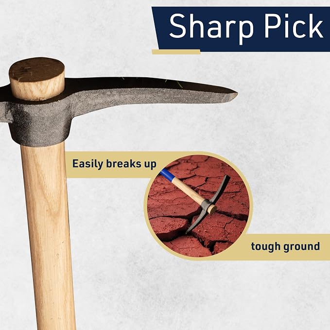 16” Hand Pick Axe - Forged Steel Pickaxe for Digging, Loosening Soil, or Weeding Tool - Dual Headed Adze Garden Hoe and Pick Mattock Digging Tool with Wood Handle by Kings County Tools