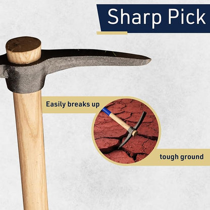 16” Hand Pick Axe - Forged Steel Pickaxe for Digging, Loosening Soil, or Weeding Tool - Dual Headed Adze Garden Hoe and Pick Mattock Digging Tool with Wood Handle by Kings County Tools