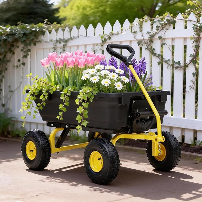 Wheelbarrow Garden Dump Cart Wagon, Yellow | Upgrade 10" All Terrain Pneumatic Tires,DIY Expansion over 900LBS Capacity, Transportation in Yard, Farm, Garden