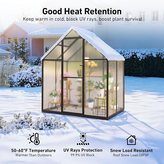 6x4FT Greenhouse with Hygrometer, Heavy Duty Aluminum Frame Polycarbonate Green House with Vent Window, Waterproof Windproof Warm Plant Greenhouses for Backyard Garden Vegetables Flowers Herbs Growing