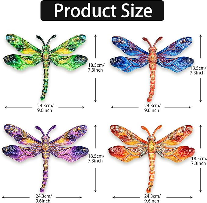 SUNREEK Metal Dragonfly Wall Decor - 9.6" Outdoor Fence Wall Art, Hanging Decorations for Garden Yard Patio Room Decorations, 4 Pack (Color-1)