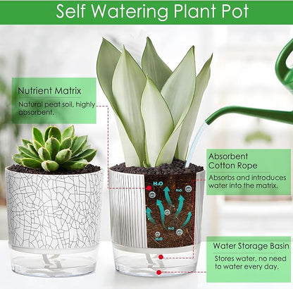 4 Pack Self Watering Pots for Indoor Plants, 4" + 5.5" Flower Pots with Wick Rope and Reservoir, Plant Pots for African Violet, Spider Plant, Orchid