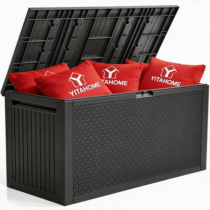 YITAHOME 95 Gallon Large Outdoor Deck Box | Lockable Waterproof Resin Storage Box with Handles, Weatherproof & UV Resistant, Patio Garden Tool Container for Outdoor