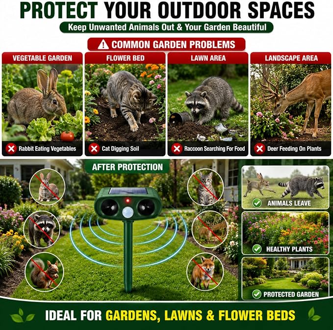 4 Pcs Upgraded Deer Repellent Devices,Solar Animal Repellent Ultrasonic Outdoor for Cats Squirrels Racoons Rabbits Foxs Dogs Skunks,IP65 Waterproof Motion Sensor Animal Repeller Deterrent for Garden