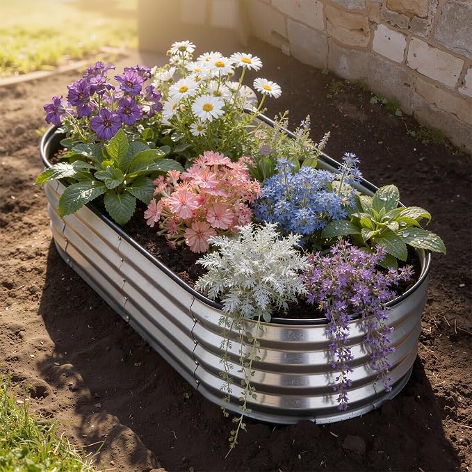Galvanized Raised Garden Bed 6x3x1ft, Rust-Resistant Metal Oval Planter Box Outdoor, Easy Assembly Planting Bed Kit for Vegetables, Fruits, Herbs - Silver