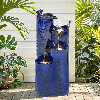 Autodaya 32" H Ceramic Outdoor Water Fountain with LED Lights, 4-Tier Vase | Cascading Waterfall with Cobalt Blue Glaze, Fern-Texture, Upgraded Pump, Bird Water Feature for Garden Patio Yard Porch Decor