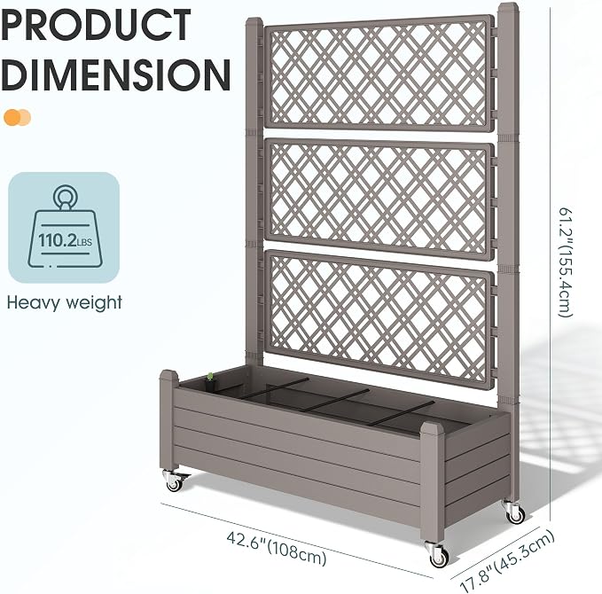 Resin Raised Garden Bed with Trellis and Wheels - Plasitc Planter Box with Trellis Outdoor with Drainage Holes & Water Monitor for Climbing Plants, Flower, Gray(61.2" H)