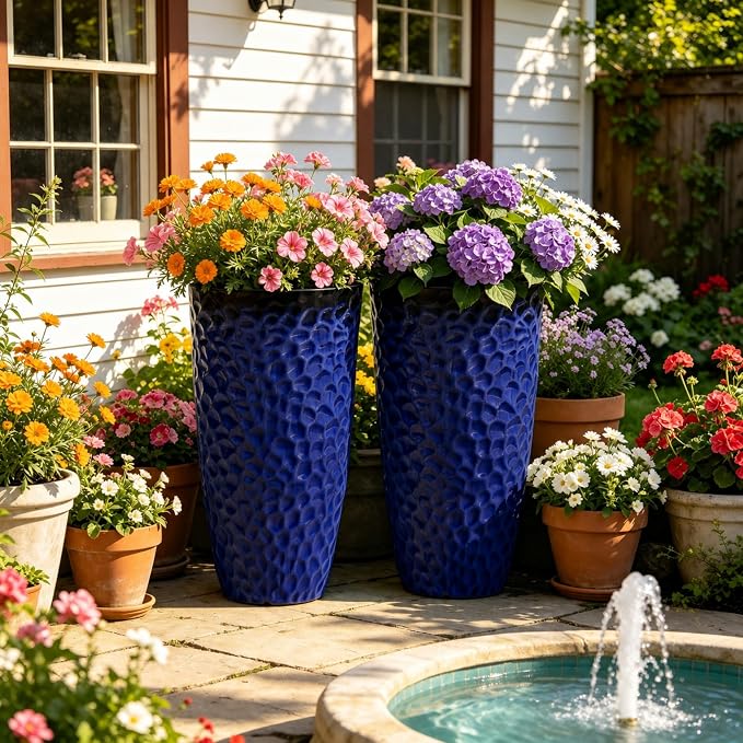23.75" Cobalt Blue Plastic Tall Planters with Honeycomb Texture | Set of 2 PP tall planters with cobalt blue honeycomb texture, drainage plugs, and UV-treated finish for porch or patio