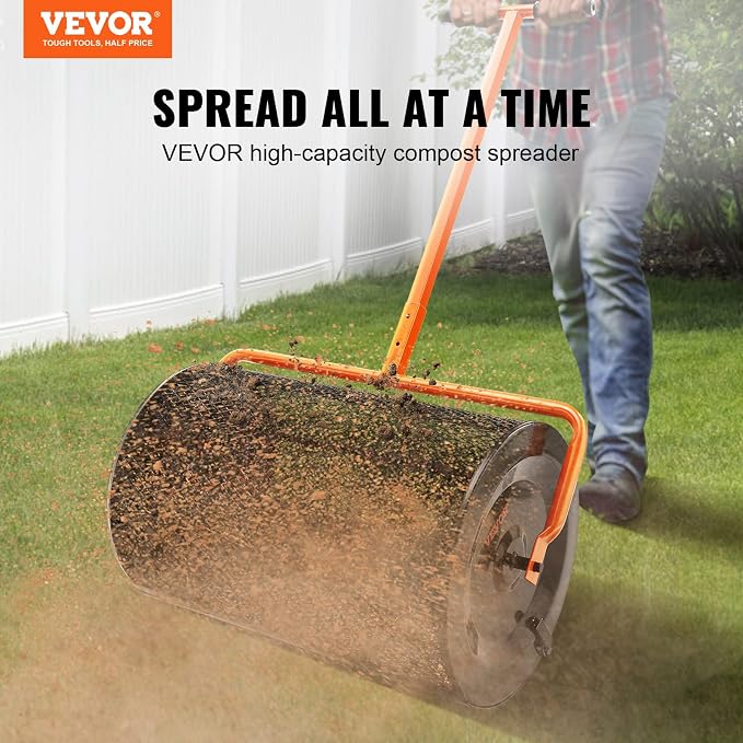 VEVOR Compost Spreader, 24.4-25.6" Height Adjustable Handle, 24" Wide, Lawn and Garden Peat Moss Roller with Side Latches, Powder Coated Steel Mesh Basket for Spreading Manure, Topsoil, Black | 24.4-25.6" Height Adjustable Handle, Powder Coated Steel M...