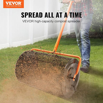VEVOR Compost Spreader, 24.4-25.6" Height Adjustable Handle, 24" Wide, Lawn and Garden Peat Moss Roller with Side Latches, Powder Coated Steel Mesh Basket for Spreading Manure, Topsoil, Black | 24.4-25.6" Height Adjustable Handle, Powder Coated Steel M...