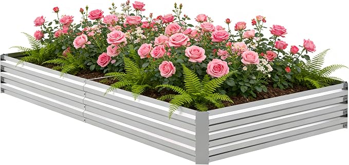 8x4x1FT Galvanized Raised Garden Bed, Metal Planter, Silver,1 Pack | Thick Galvanized Steel, Easy Assembly,Outdoor Patio,Open Bottom,Smooth Surface,Planter Kit for Vegetables, Herbs, Flowers
