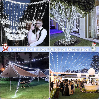 2 Pack Christmas Lights Outdoor, Total 200FT 600LED Christmas Tree Lights Indoor with 8 Modes Waterproof, Green Wire String lights for Outside House Patio Yard Party Holiday Decorations, Cool White