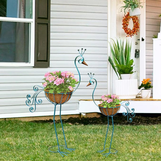 COOZZYHOUR Metal Peacock Planter with Fiber Basket -Garden Bird Planters for Outdoor Indoor Lawn,Yard,Porch,Patio, Garden Decorations（Set of 2）