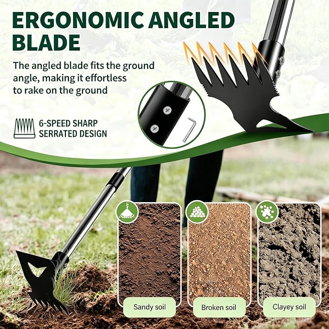 Weed Puller Tool with Long Handle (58IN) & Gloves, 2-in-1 Gardening Hand Tools Weeds Remover, Weeder Rake & Garden Hoe Combo, Manual Weeding Puller Tool for Garden Yard Patio Lawn