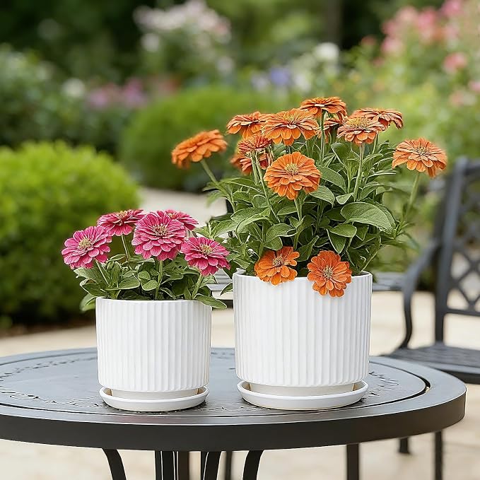 Ceramic-5.1-inch-Flower-Pots-with-Saucer, Small Planters for Indoor Plants with Drainage Hole, White Textured Vertical Stripe Plant Pots for Home Decor, Garden Pot For Succulent Cactus Mint Basil Herb