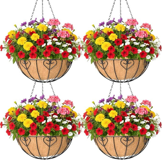 4 Pack 10 Inch Hanging Baskets for Plants Outdoor Metal Hanging Planter Basket with Coco Coir Liner Hanging Flower Pots Holder for Garden, Patio(Modern)