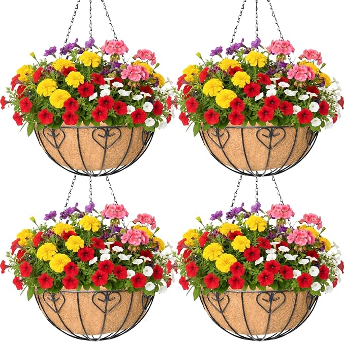 4 Pack 16 Inch Hanging Planters for Outdoor Plants, Metal Hanging Basket with Coco Coir Liner, Black, Modern