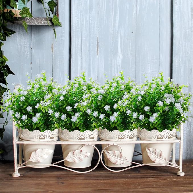 XLFAQXM Artificial Plants Flowers Grass Shrubs 8 Pack No Fade Faux Plastic Flowers Outdoor for Vases Farmhouse Garden Porch Patio Office Indoor Wedding Decoration Greenery Fake Plants (2#White)