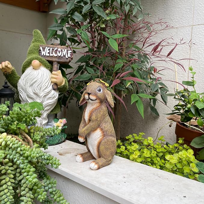 Lonyin Bunny Indoor/Outdoor Garden Statue Rabbit Figurines Yard Statues | Weatherproof Flower Bunny for Yard Patio Lawn Easter Decor Birthday Housewarming Gifts for Mom Women Garden Lovers,Resin 7In